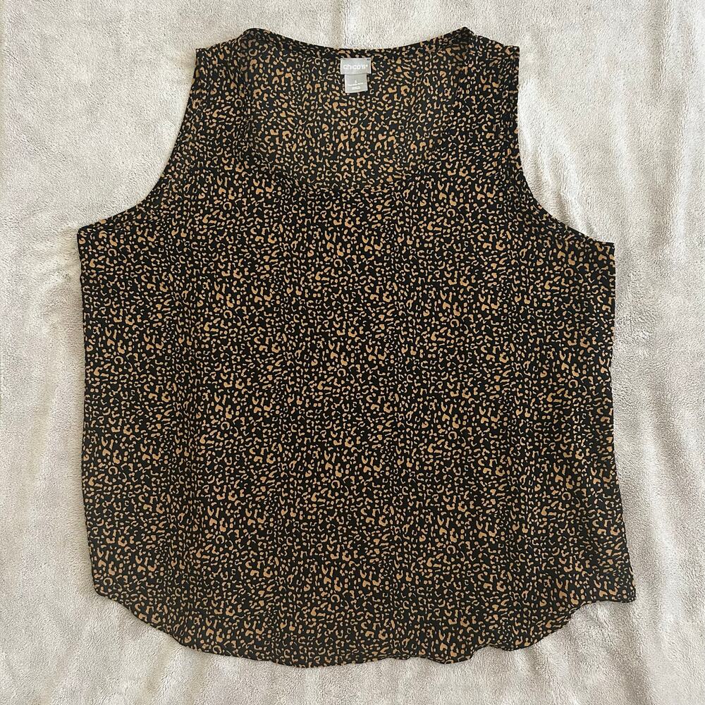 Chico's Black & Brown sleeveless scoop-neck flowy animal print top size 3 (XL)